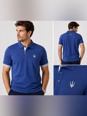 New Maserati Collection Polo Shirt Mens L Large Blue Short Sleeve Italy Luxury